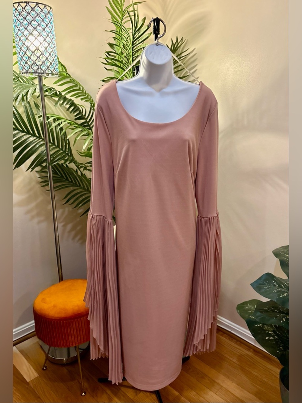 Eloquii Dusty Rose Pleated Bell-Sleeve Scoop Neck Dress